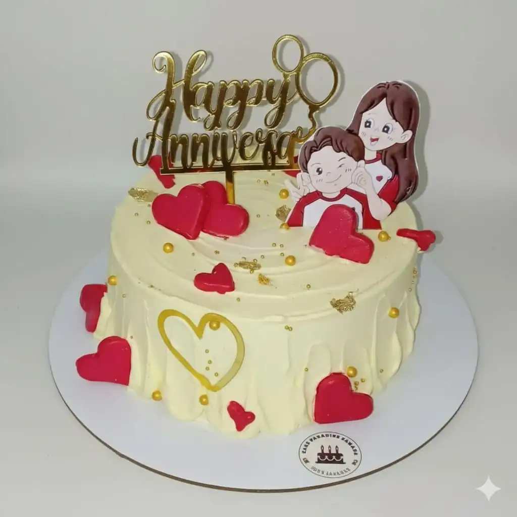 Anniversary Cake with Red Hearts & Figurines