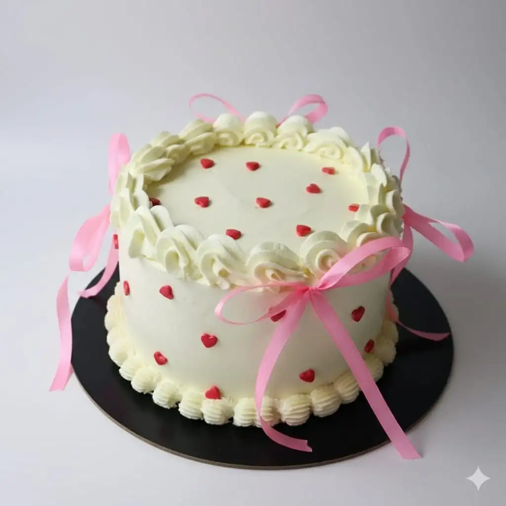 Romantic White Cake with Pink Ribbons & Hearts